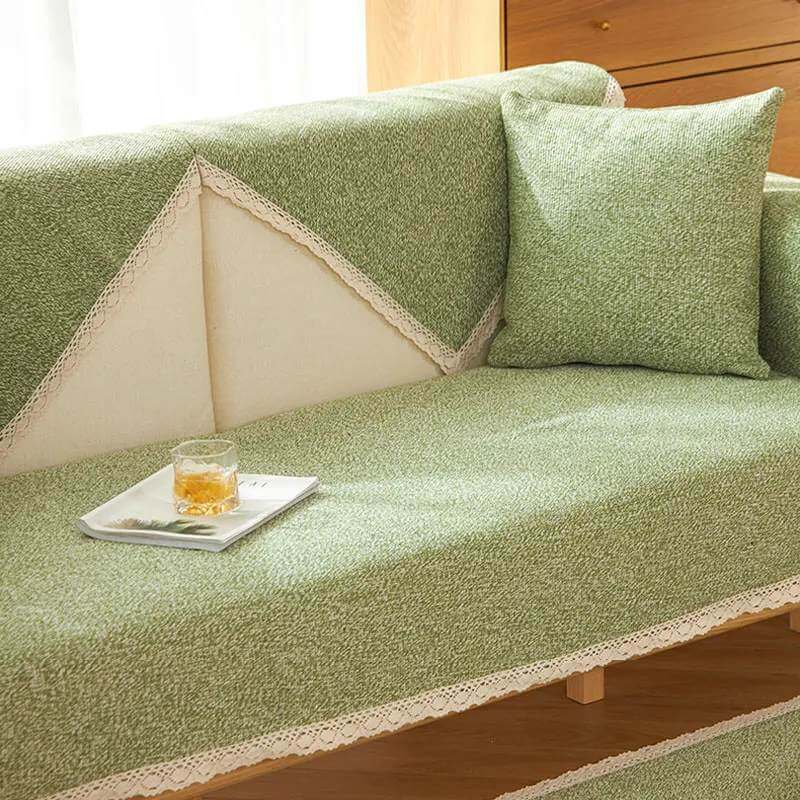 Modern living room featuring a comfortable sofa with a hand-woven cotton linen couch cover