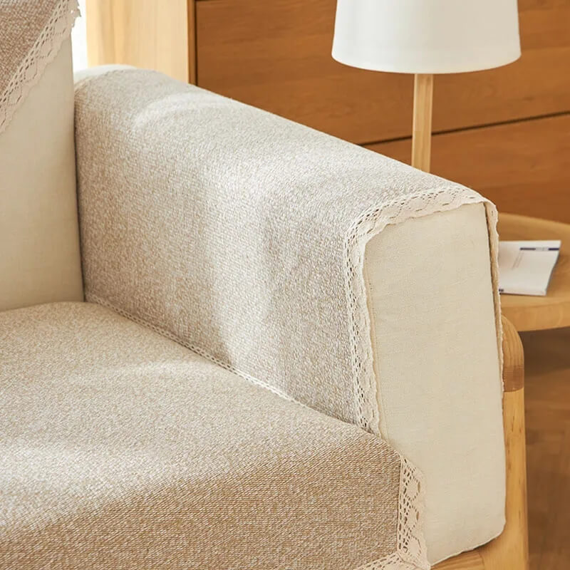 Detailed view of the anti-slip backing on a cotton linen couch cover, ensuring it stays in place