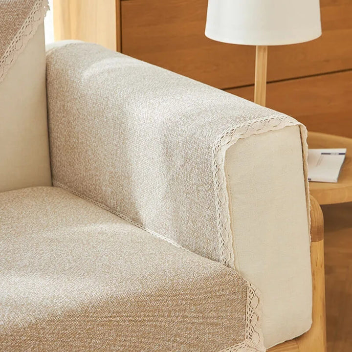 Detailed view of the anti-slip backing on a cotton linen couch cover, ensuring it stays in place