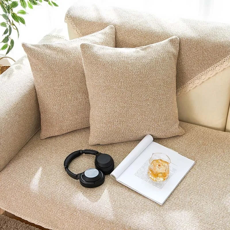 Beige hand-woven cotton linen couch cover, perfect for all seasons and easy care