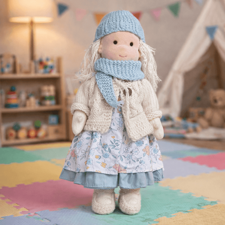 Handcrafted cotton Waldorf doll for imaginative play, soft & natural for kids.
