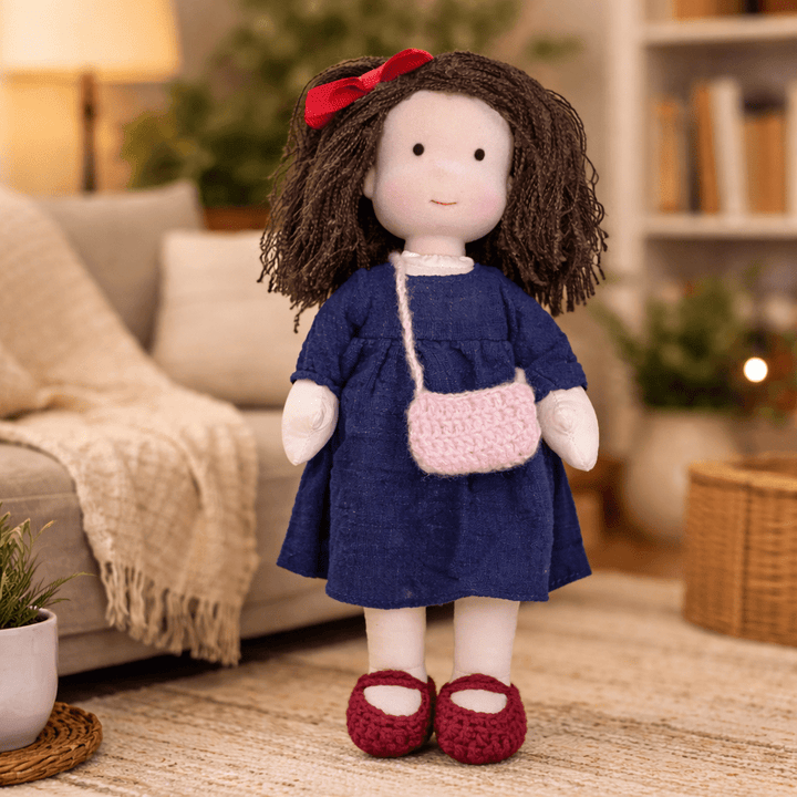 Sustainable handmade Waldorf doll, 100% natural cotton for safe, creative children's play.