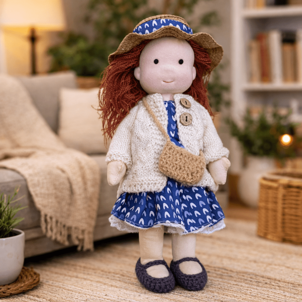 Eco-conscious handcrafted Waldorf doll, natural cotton plush for imaginative play.
