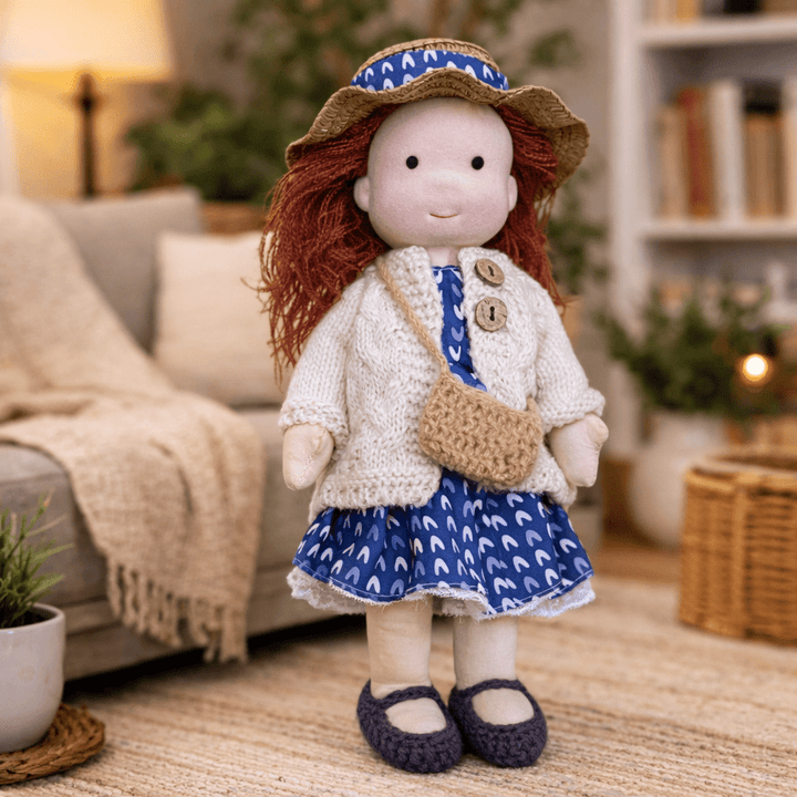 Eco-conscious handcrafted Waldorf doll, natural cotton plush for imaginative play.
