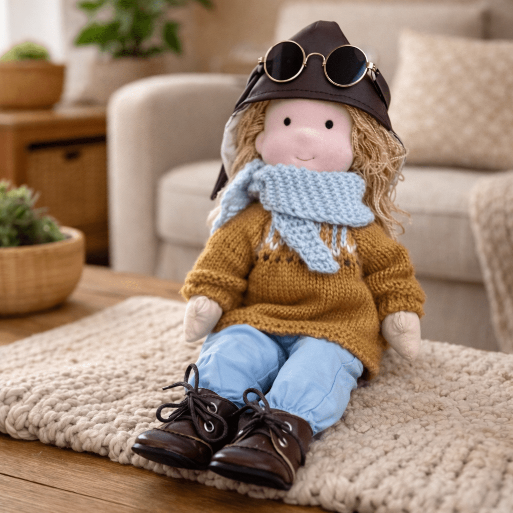 Non-toxic cotton Waldorf doll, handmade for healthy and imaginative children's play.