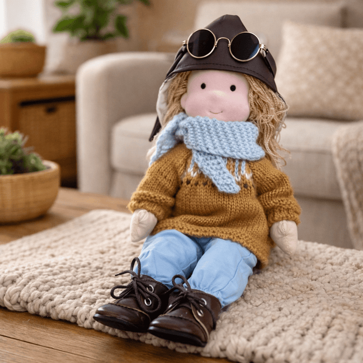 Non-toxic cotton Waldorf doll, handmade for healthy and imaginative children's play.