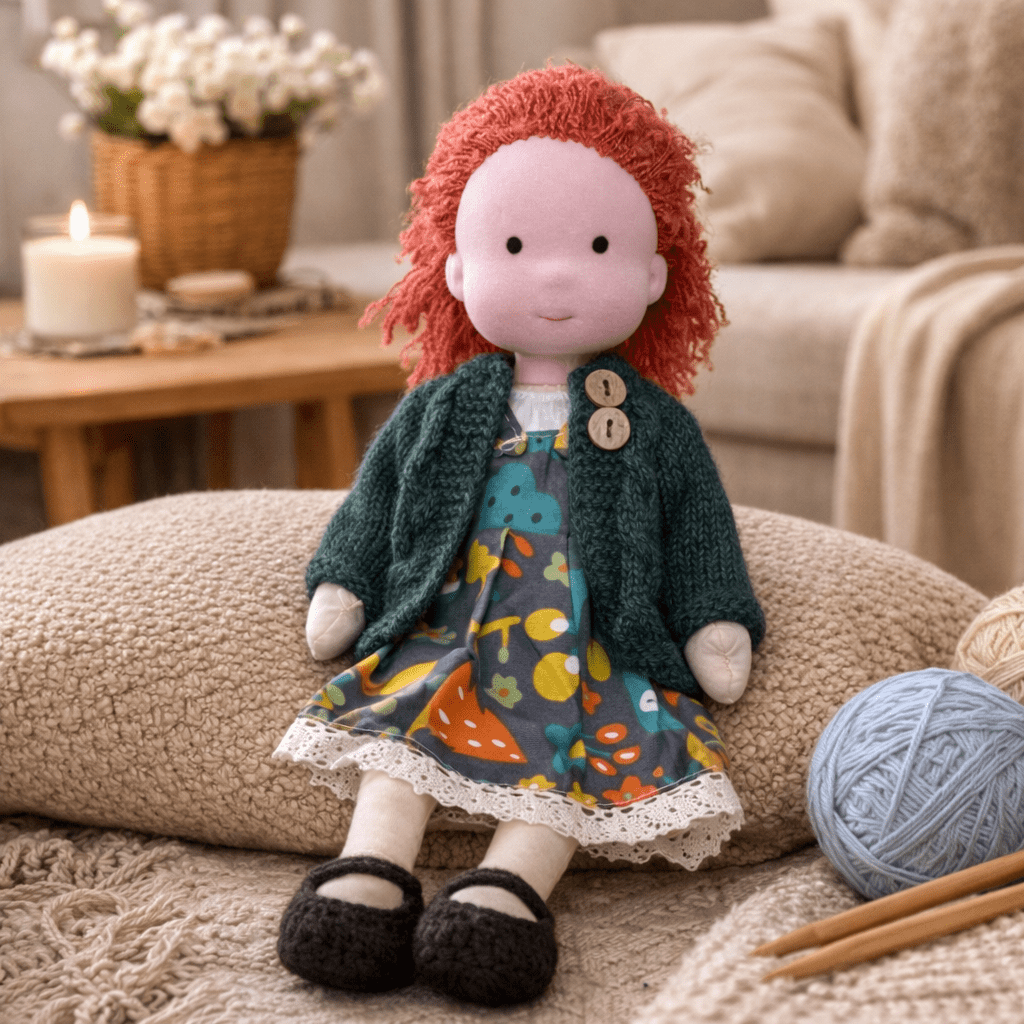 Adorable handcrafted Waldorf doll, soft cotton, designed for kids' imaginative adventures.