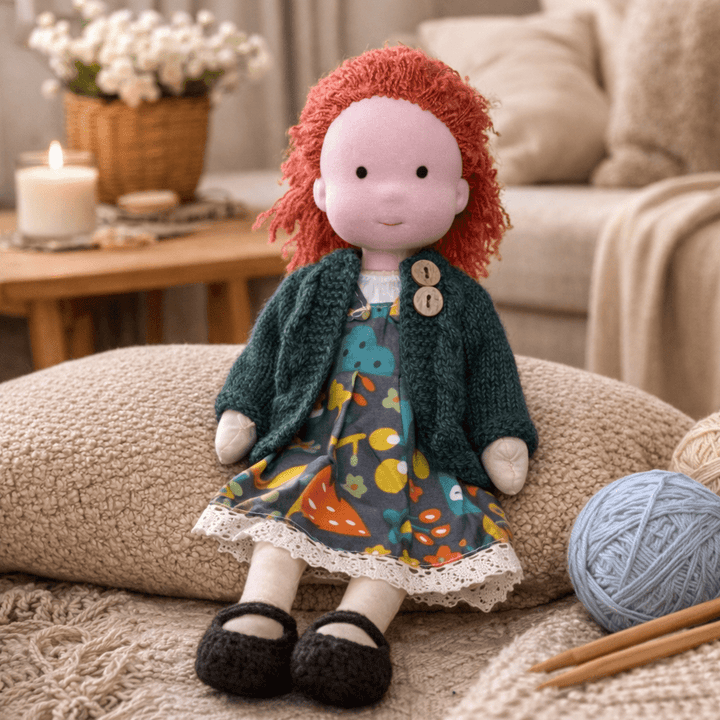 Adorable handcrafted Waldorf doll, soft cotton, designed for kids' imaginative adventures.