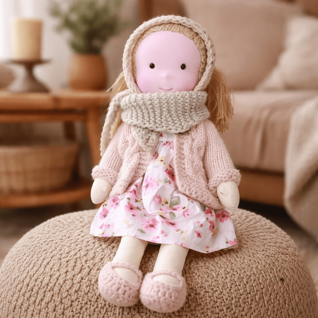 Charming natural cotton Waldorf doll, handmade, promoting creative play for young children.