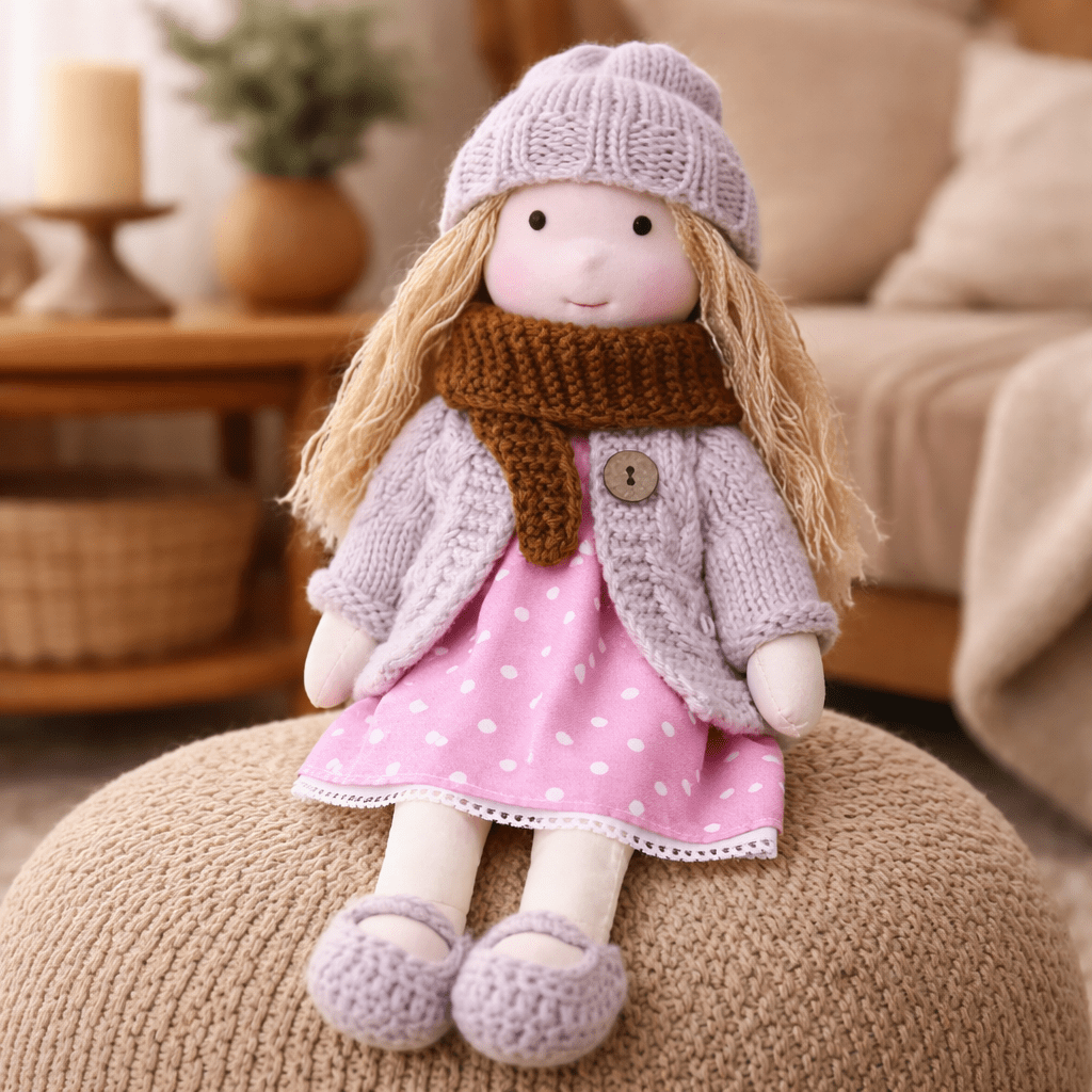 Sweet handcrafted Waldorf doll, soft cotton, perfect companion for imaginative kids' stories.