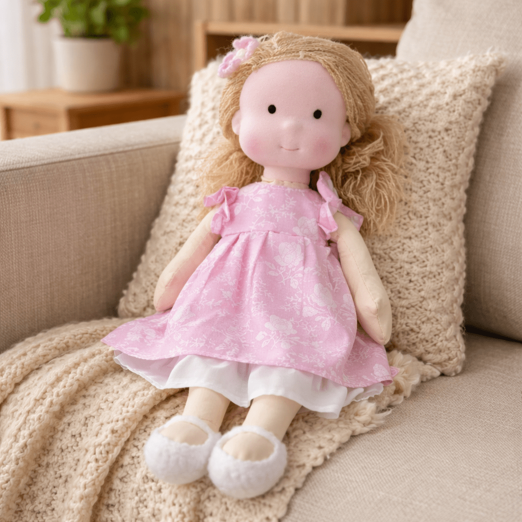 Hand-stitched natural cotton Waldorf doll, a unique plush toy for creative play.