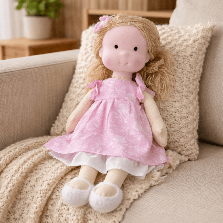 Hand-stitched natural cotton Waldorf doll, a unique plush toy for creative play.