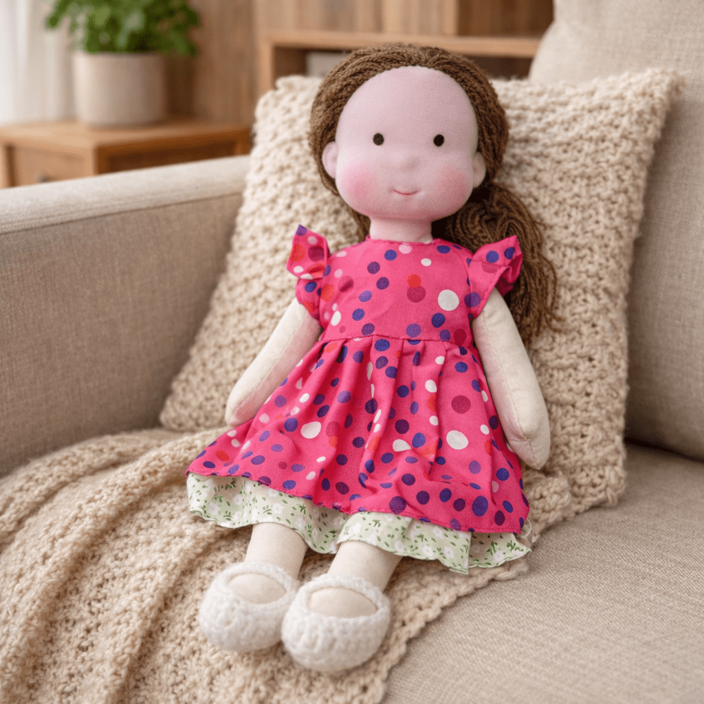 Lovable handmade cotton Waldorf doll, inspires imaginative play and cuddles for children.