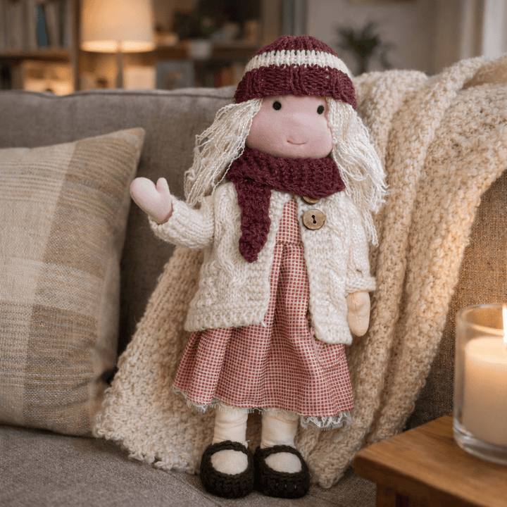 Handcrafted natural cotton Waldorf doll, soft plush toy for kids' creative imaginative play.