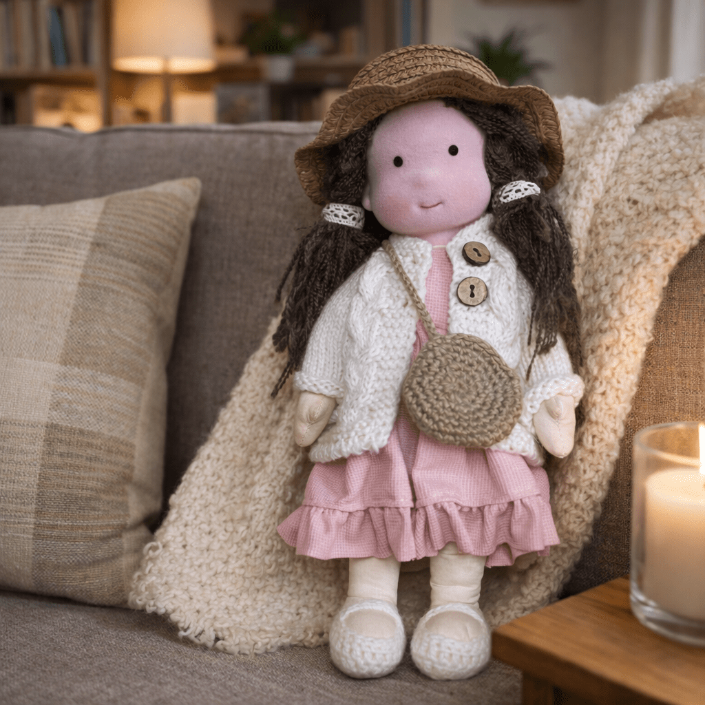 Eco-friendly handmade Waldorf doll, a safe cotton plush toy for creative children's play.