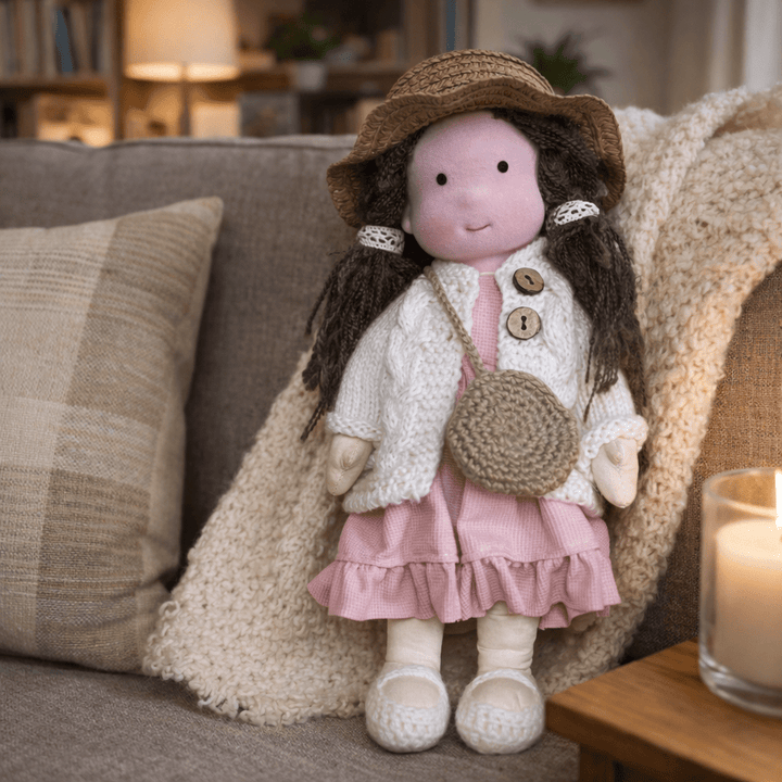 Eco-friendly handmade Waldorf doll, a safe cotton plush toy for creative children's play.