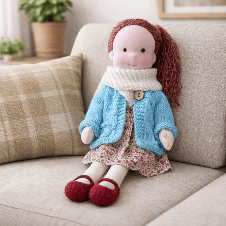 Encourages imaginative play: handcrafted cotton Waldorf doll, a soft, natural toy for kids.