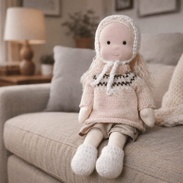 Nurture creativity with this handmade cotton Waldorf doll, perfect for open-ended play.