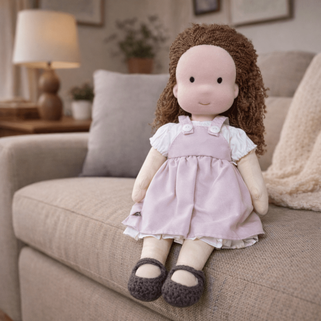 Develop social skills with a soft handcrafted Waldorf doll, ideal for children's role-play.