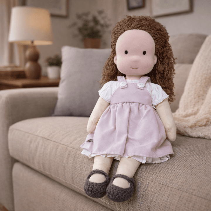 Develop social skills with a soft handcrafted Waldorf doll, ideal for children's role-play.