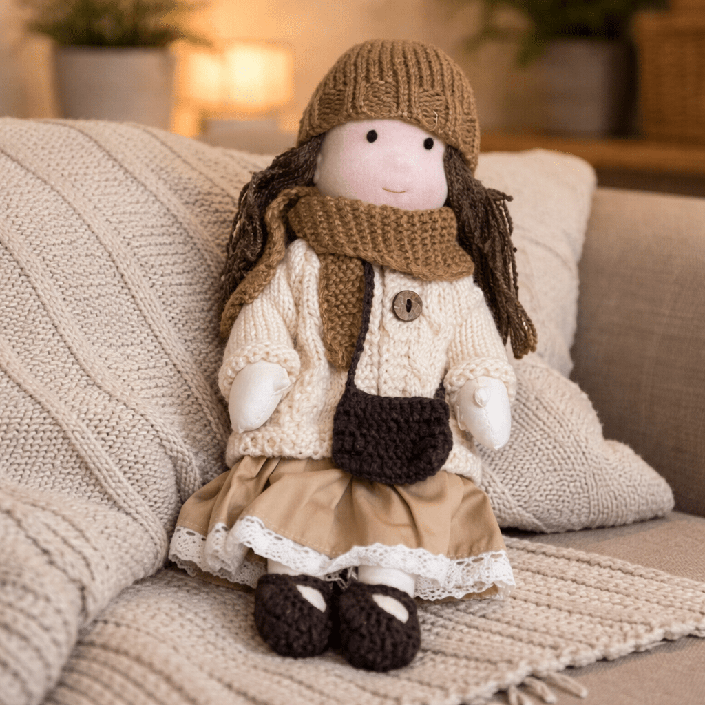Exquisitely handcrafted Waldorf doll, natural cotton, a durable toy for imaginative kids.