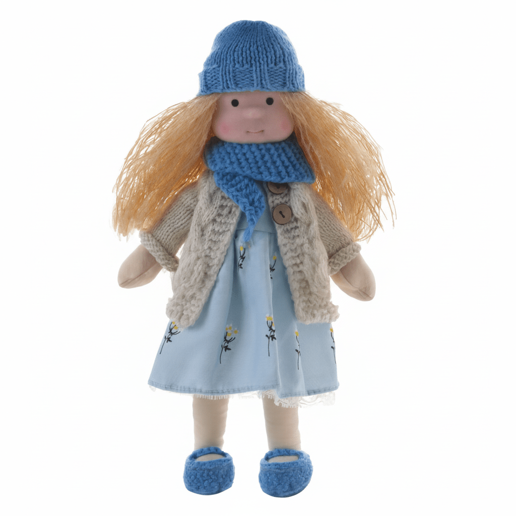 Meticulously handmade Waldorf doll, natural cotton, promoting creative play and joy.