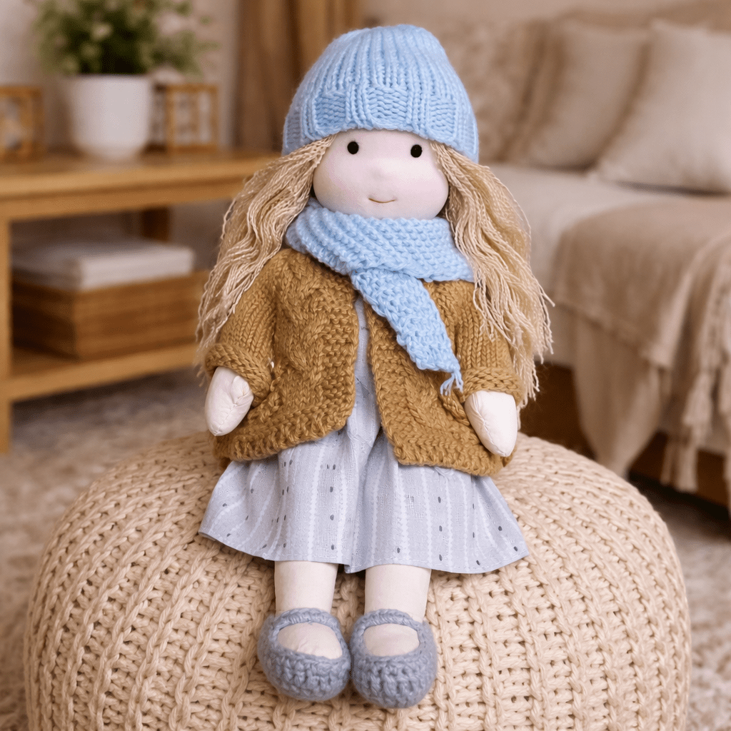Eco-friendly handcrafted cotton Waldorf doll, ideal for kids' imaginative adventures.