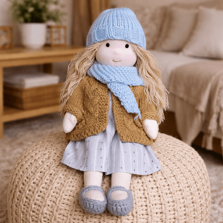 Eco-friendly handcrafted cotton Waldorf doll, ideal for kids' imaginative adventures.