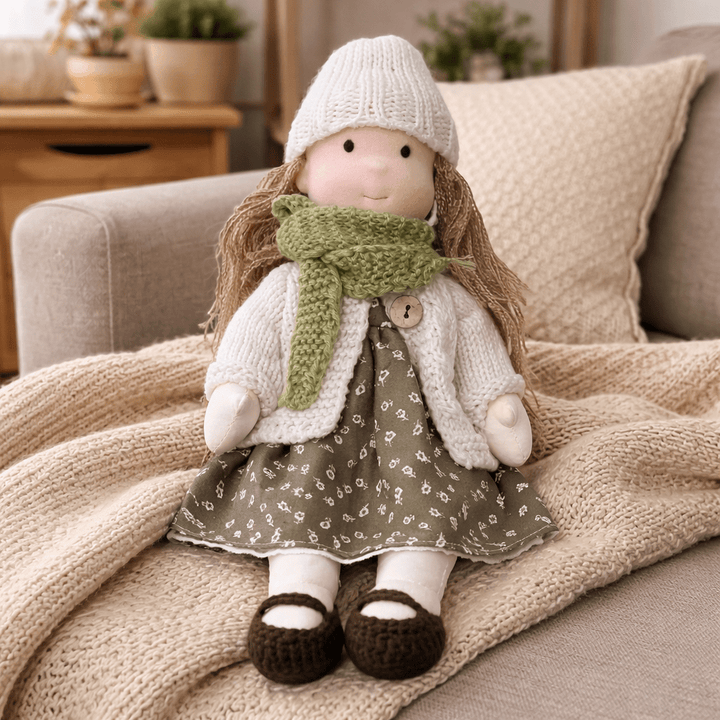 Soft cotton plush Waldorf doll, handmade for toddlers' creative and comforting play.