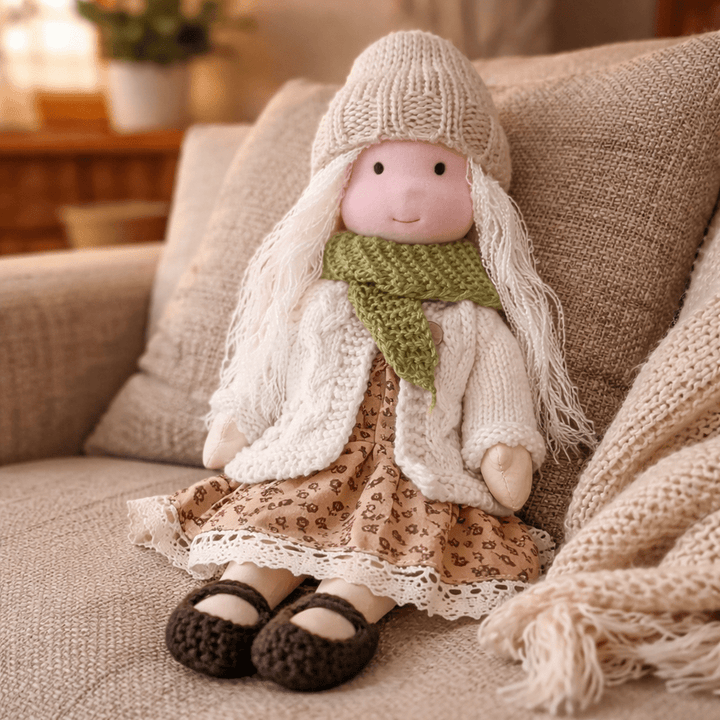 Cozy soft Waldorf doll, natural cotton plush for children's imaginative play & cuddles.
