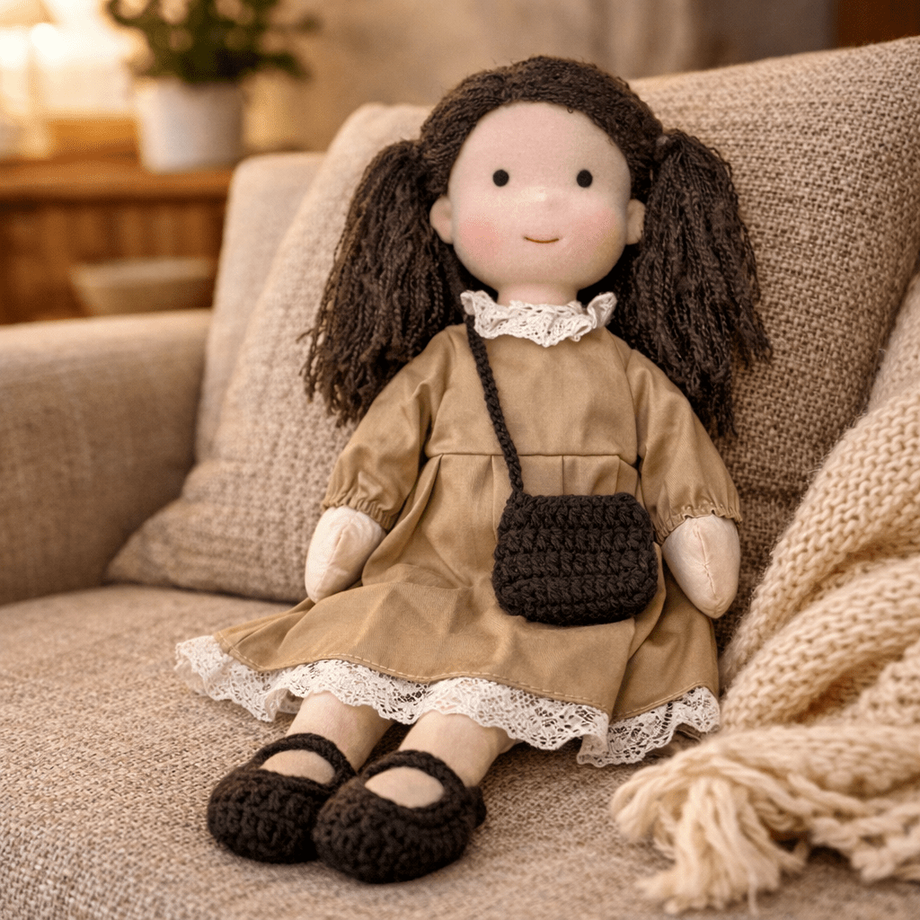 Plush handmade Waldorf doll in natural cotton, a comforting toy for creative kids.