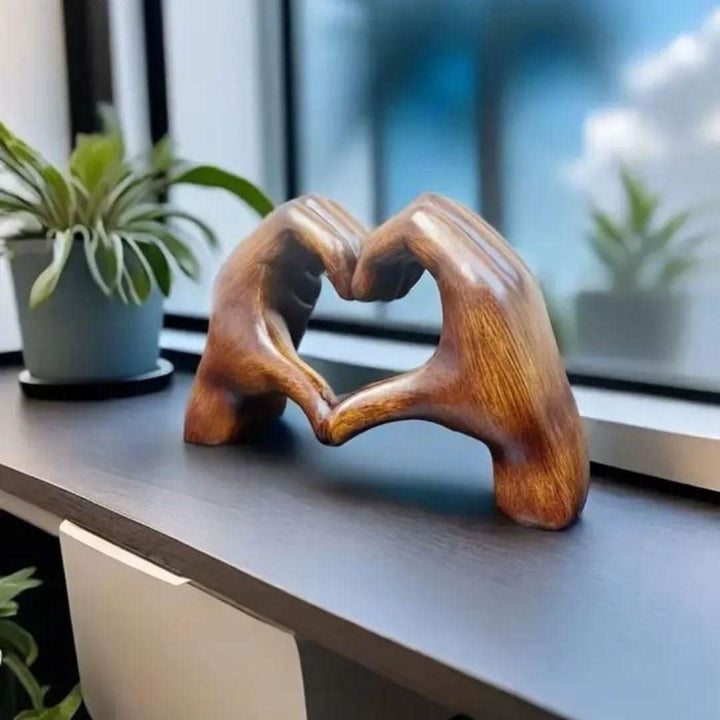 Handcrafted Heart Hands Wood Sculpture, a unique artisan piece for rustic home decor and cozy spaces.