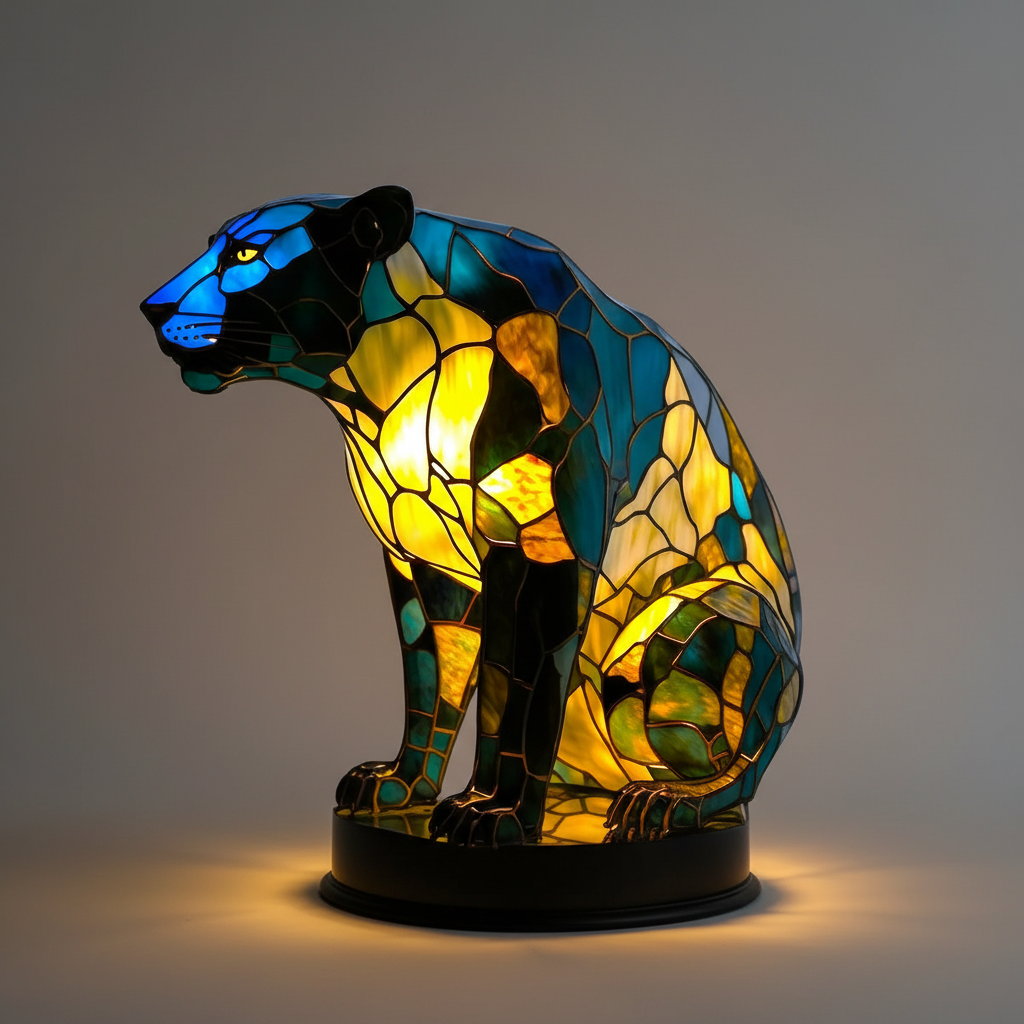 Artistic GleamPaw handcrafted mosaic animal lamp, vibrant LED table light for stunning decor.