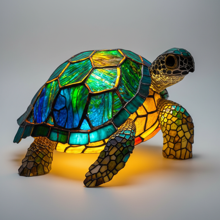 Vibrant mosaic animal head lamp, a handcrafted LED desk light providing mood lighting.