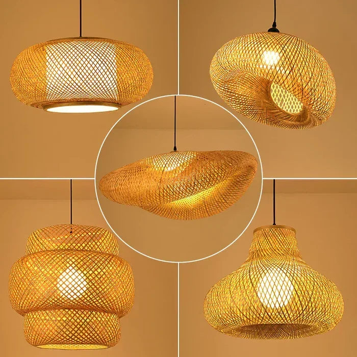 Close-up of the intricate weave on a handmade rattan ceiling light, natural texture.