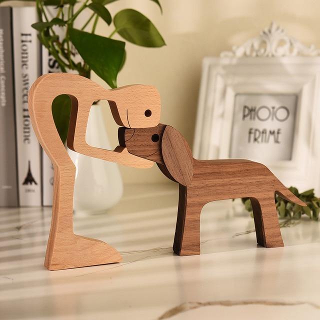 Wooden dog sculpture art decor, a unique, handcrafted animal art piece for minimalist home decor.