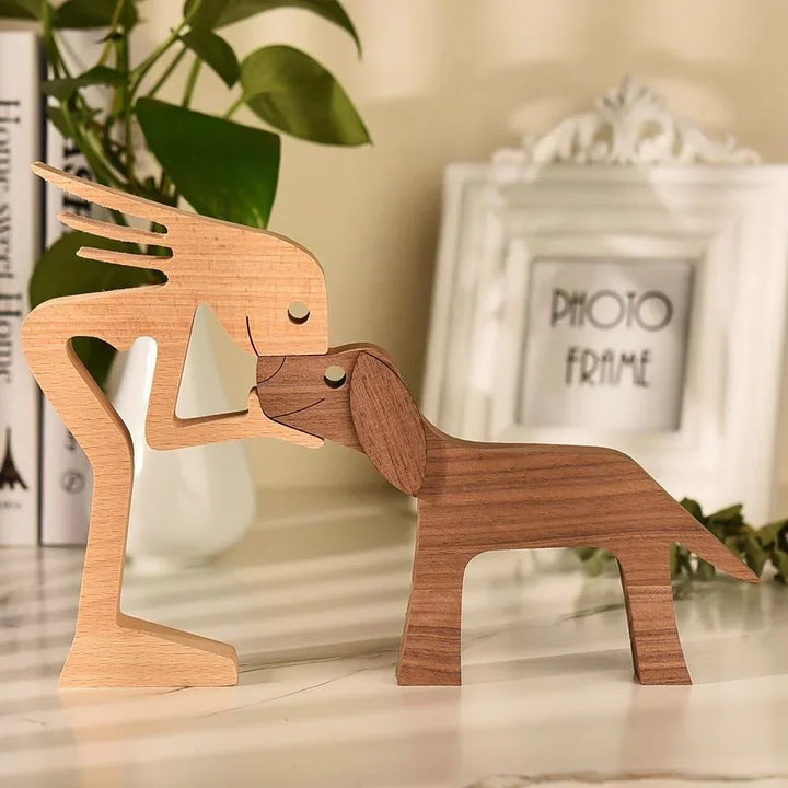Eco-friendly wooden dog sculpture decor, a unique handcrafted pet gift for animal art enthusiasts.