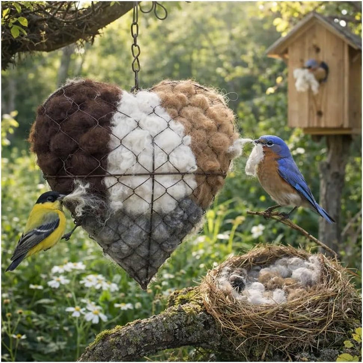 Handmade alpaca fiber bird nesting heart, sustainable garden decor for wild birds.
