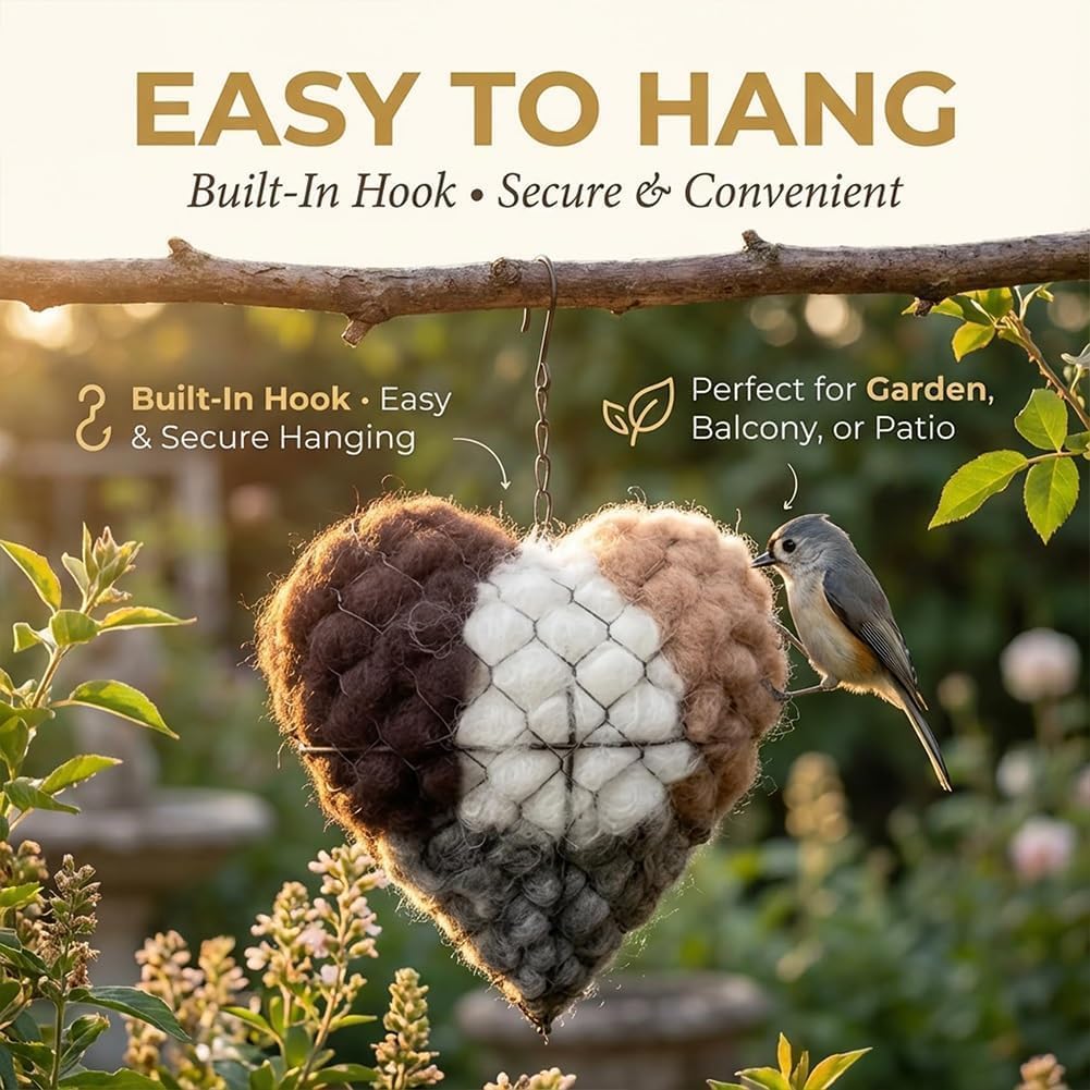 Soft alpaca fiber bird nesting heart, handmade for wild bird garden habitats.