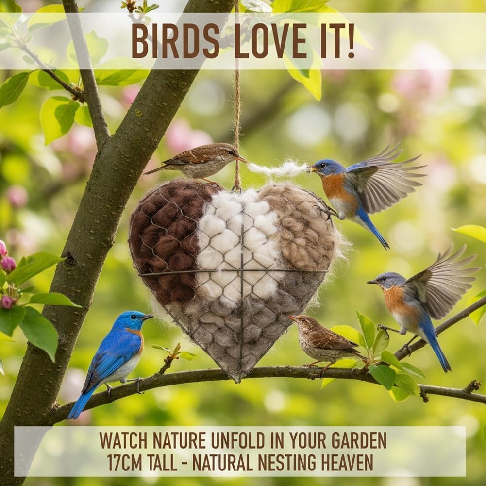 Bird feeder alternative: alpaca fiber nesting heart, natural and sustainable.