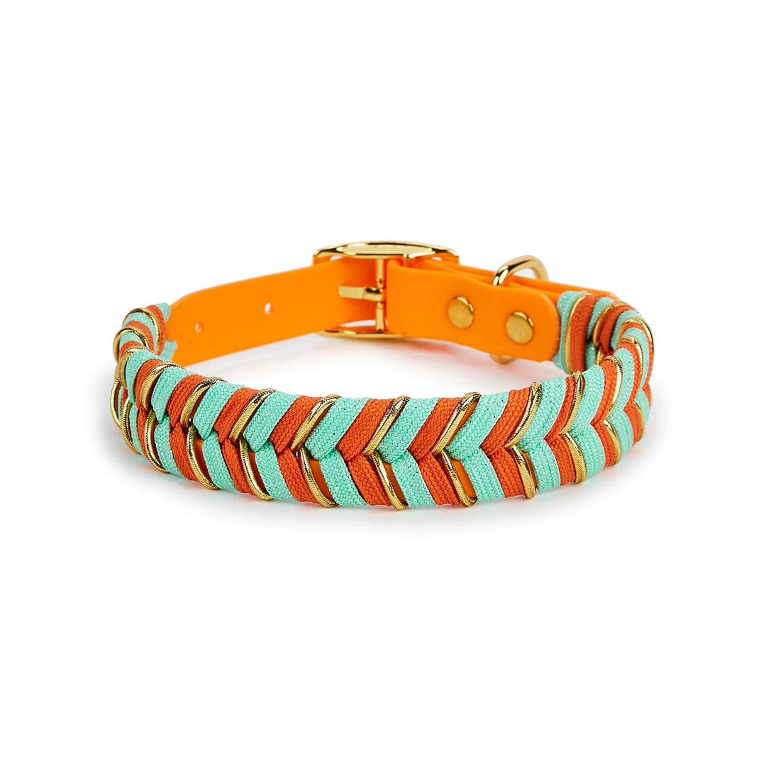 Handmade nylon pet collar, vibrant colors, adjustable for perfect fit on dog or cat