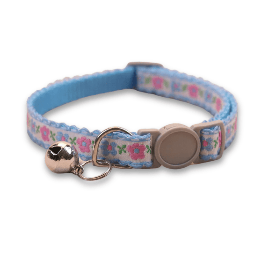 Floral design pet collar, handmade and adjustable, specifically for cats & puppies, includes a bell.
