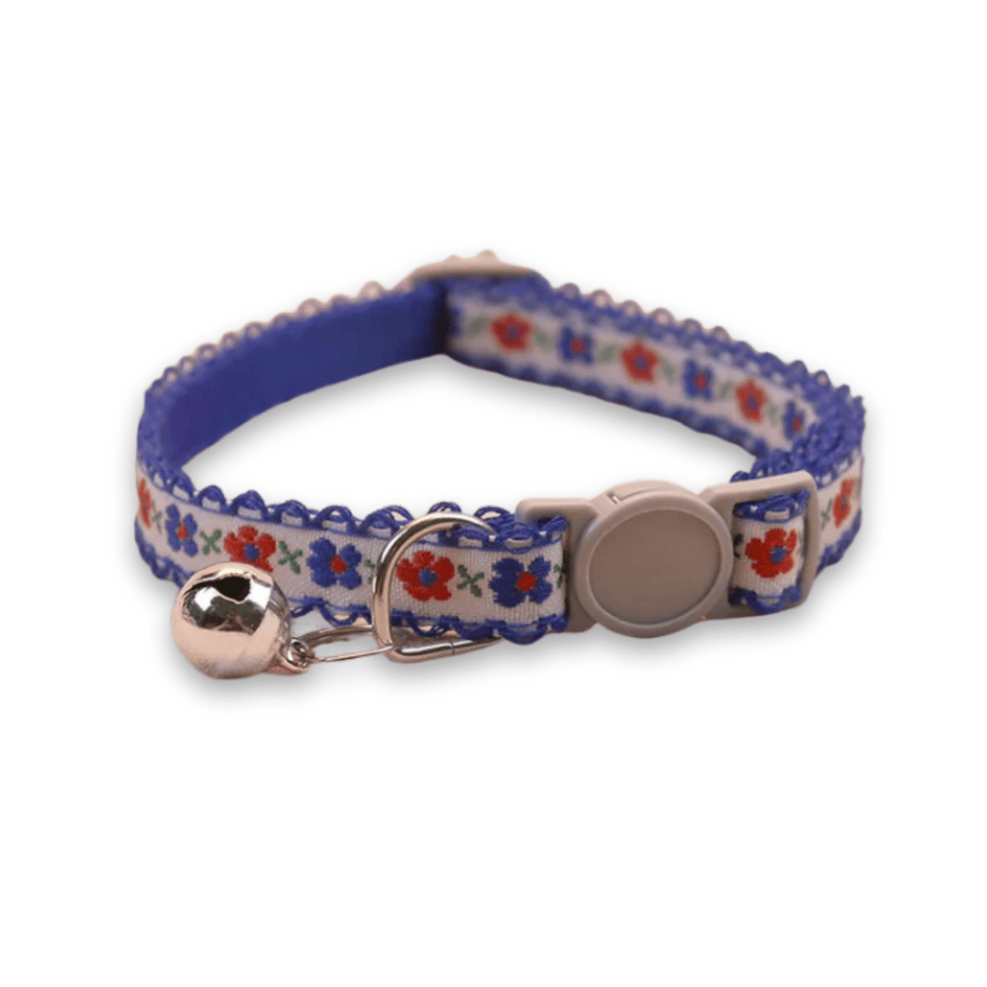 Close-up of the delicate floral pattern on a handmade pet collar for cats & puppies, adjustable.