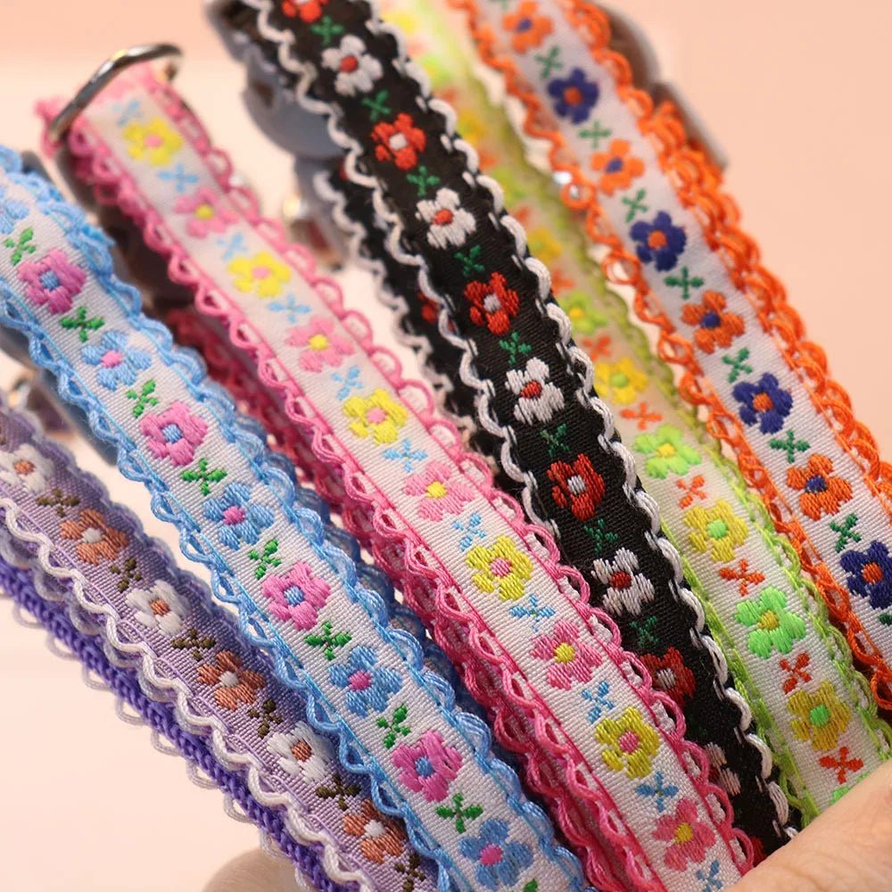 Durable floral pet collar for cats & puppies, handmade with adjustable strap and attached bell.