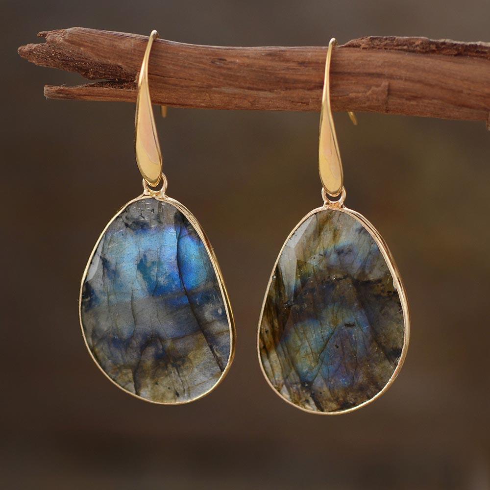 Handmade labradorite drop earrings for women, featuring spiritual gemstone and healing crystal properties.