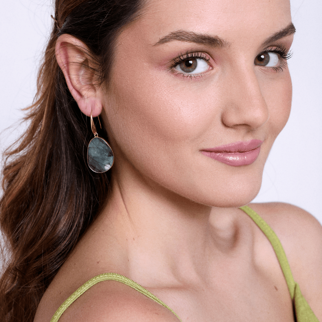 Dreamy boho drop earrings with iridescent labradorite gemstones, perfect women's spiritual jewelry gift.