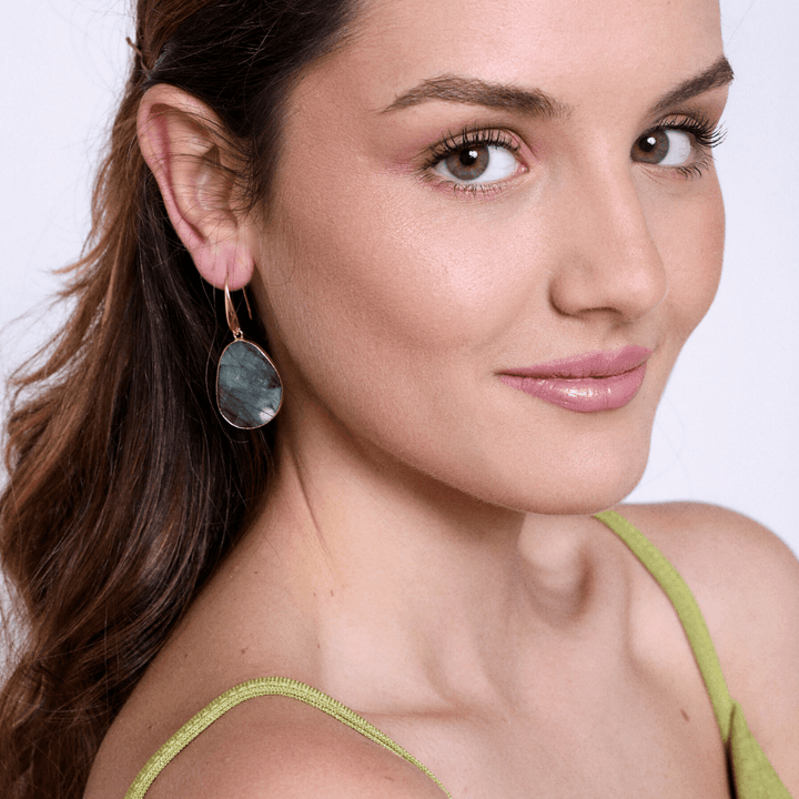 Dreamy boho drop earrings with iridescent labradorite gemstones, perfect women's spiritual jewelry gift.
