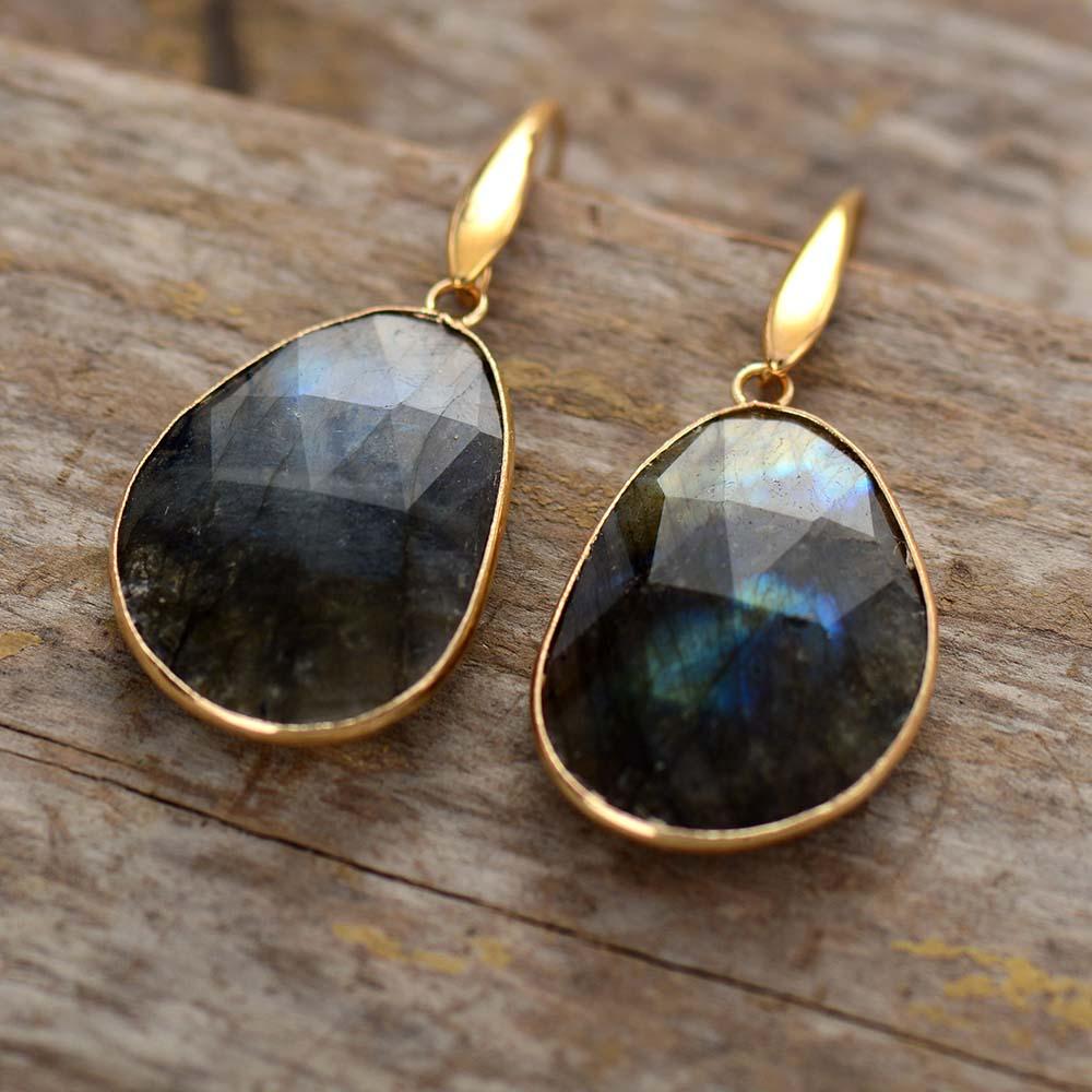 Elegant labradorite drop earrings for women, showcasing natural gemstone shimmer and artisanal craftsmanship.