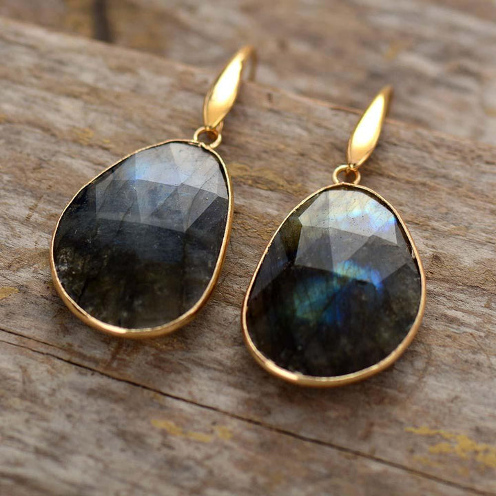 Elegant labradorite drop earrings for women, showcasing natural gemstone shimmer and artisanal craftsmanship.