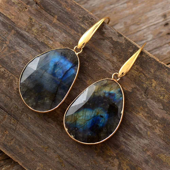 Healing crystal labradorite drop earrings, spiritual gemstone jewelry for women, handmade boho style.